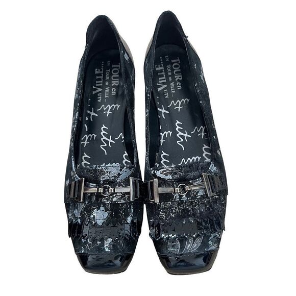 UTV Un Tour en Ville Black Silver Floral Pattern Fringe Buckle Square Toe Shoes - Picture 1 of 14